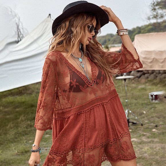 Shop Fig Tops - New Red Lace Crochet Boho Folk Tunic Blouse Top Cover-Up Womens